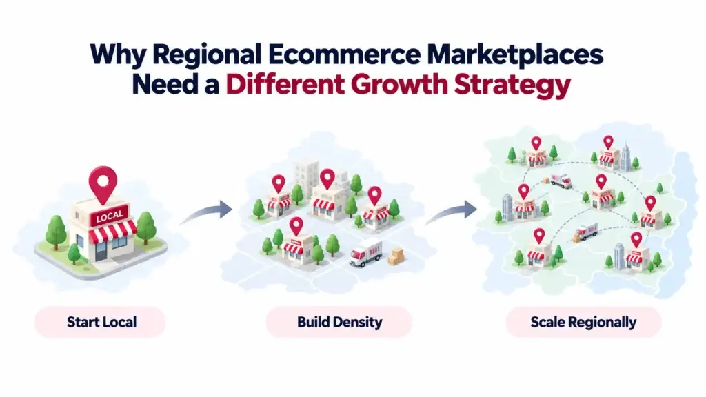 Regional Ecommerce Marketplace Growth Strategy: Seller Acquisition, Local Demand, and Market Expansion 1 Regional ecommerce marketplace growth strategy showing local market launch, seller density, delivery coverage, and regional expansion