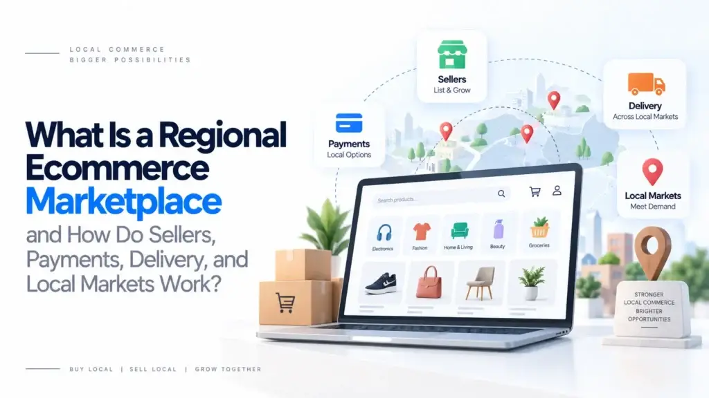 Regional ecommerce marketplace showing sellers, local payment options, delivery, and local market demand connected through one ecommerce platform