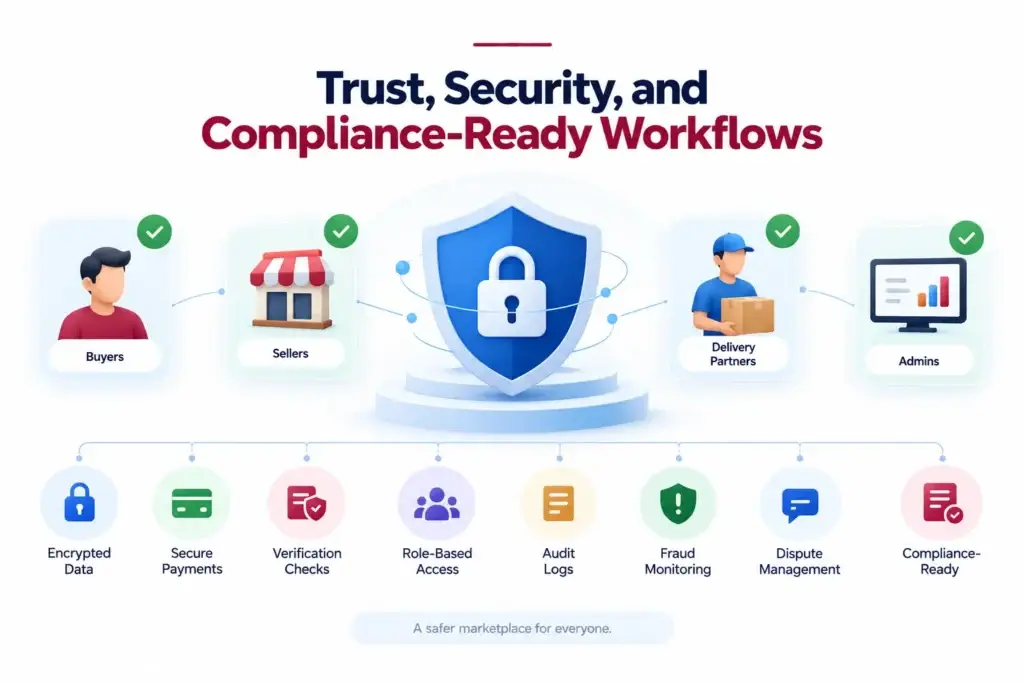 Regional ecommerce marketplace trust and security workflows showing buyers, sellers, delivery partners, admins, encrypted data, secure payments, verification, fraud monitoring, disputes, and compliance