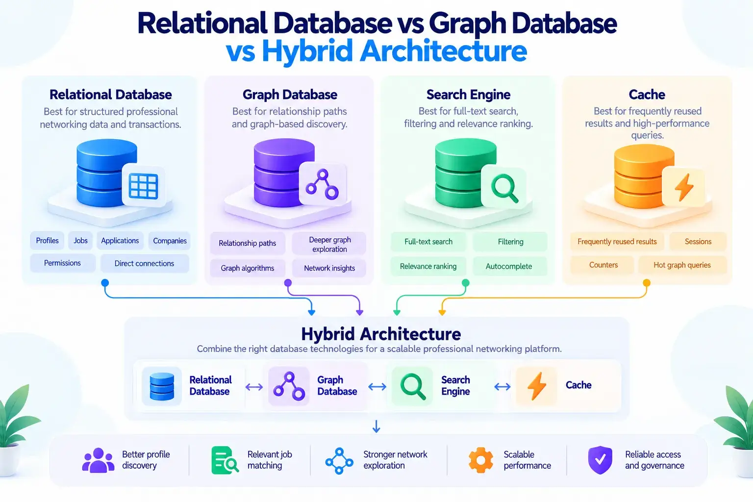 Professional Networking Platform Database Design: Profiles, Connections, Skills, Jobs, and the Professional Graph 2 relational vs graph vs hybrid database architecture