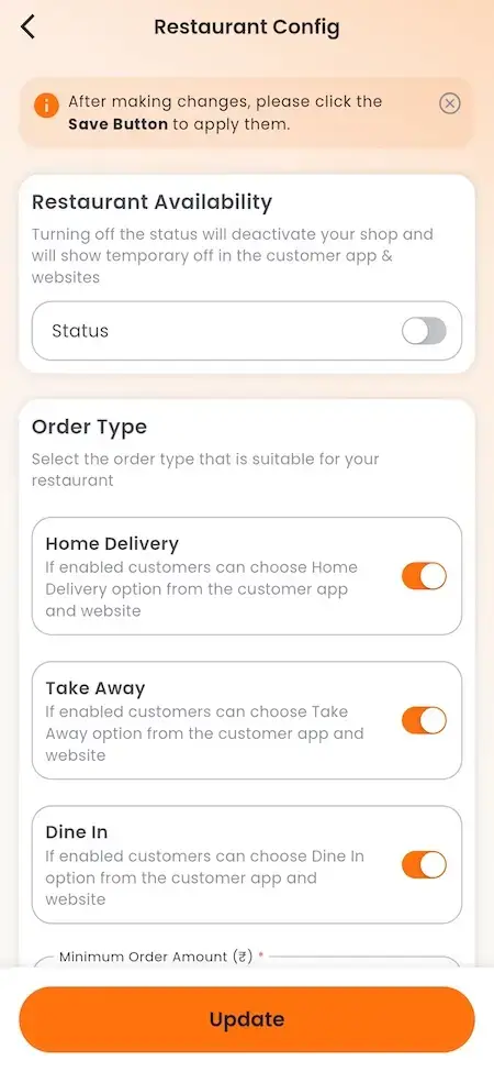 ChowNow Clone 27 UberEats Clone Restaurant Configuration showing availability, delivery type, home delivery, takeaway and dine-in controls