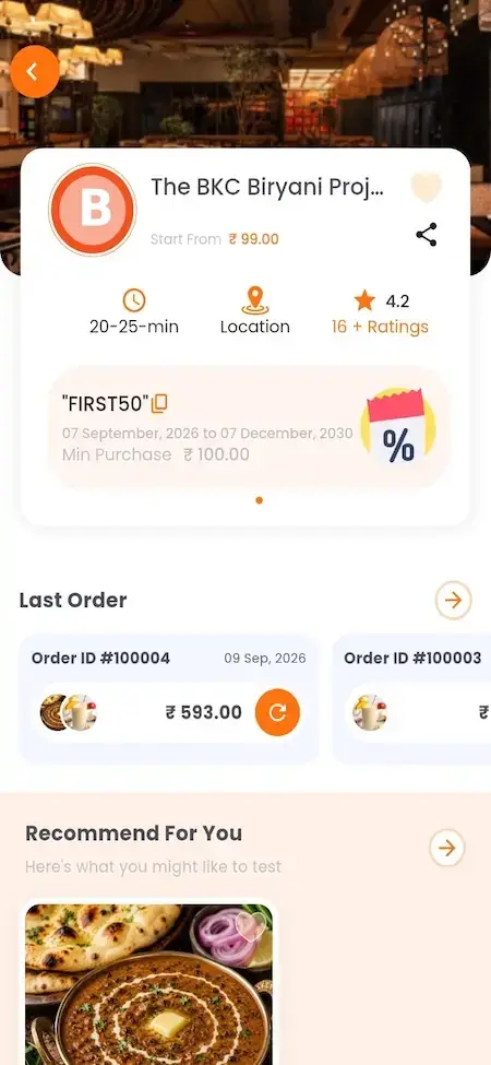 ChowNow Clone 18 UberEats Clone Mobile Restaurant Details showing restaurant information, ratings, last orders and personalised food recommendations