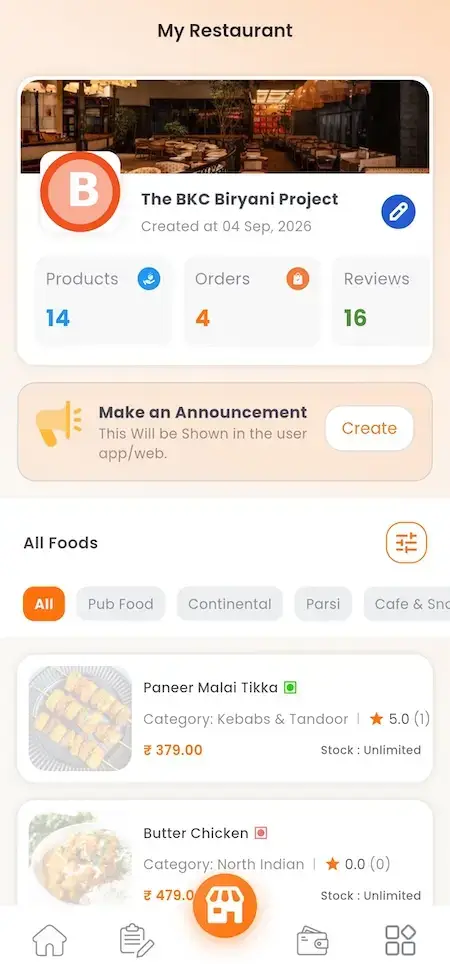 ChowNow Clone 26 UberEats Clone Restaurant Profile and Foods showing restaurant statistics, announcement tools and listed menu items