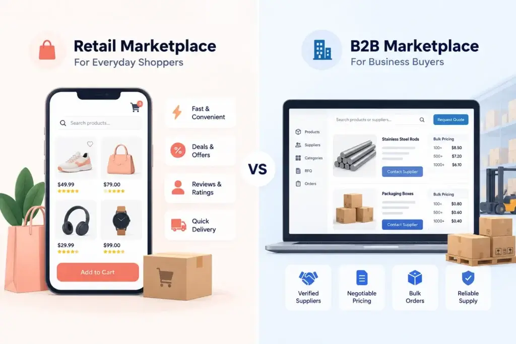 Online Retail Marketplace vs B2B Marketplace: Which Business Model Fits Startups Better? 1 Retail marketplace vs B2B marketplace comparison showing consumer shopping features, bulk orders, negotiable pricing, and verified suppliers.