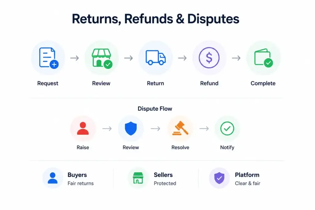 Multi-Vendor Ecommerce Marketplace Business Model: How Sellers, Buyers, Commissions, and Operations Connect 2 Returns, refunds, and disputes in a multi-vendor marketplace showing return requests, seller review, refunds, dispute resolution, and platform protection.