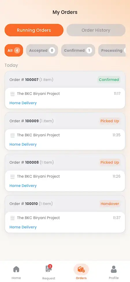 ChowNow Clone 36 UberEats Clone Running Delivery Orders showing accepted, confirmed, picked-up and handover orders with live status