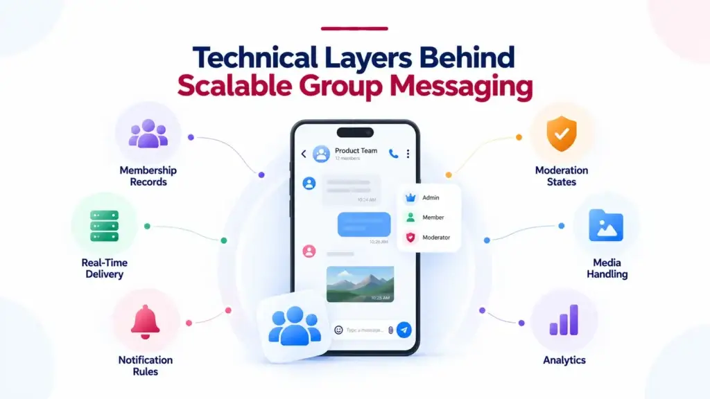 How Group and Community Controls Help a Messaging Platform Scale Beyond One-to-One Chat 2 Technical layers behind scalable group messaging including membership, real-time delivery, notifications, moderation, media handling, and analytics