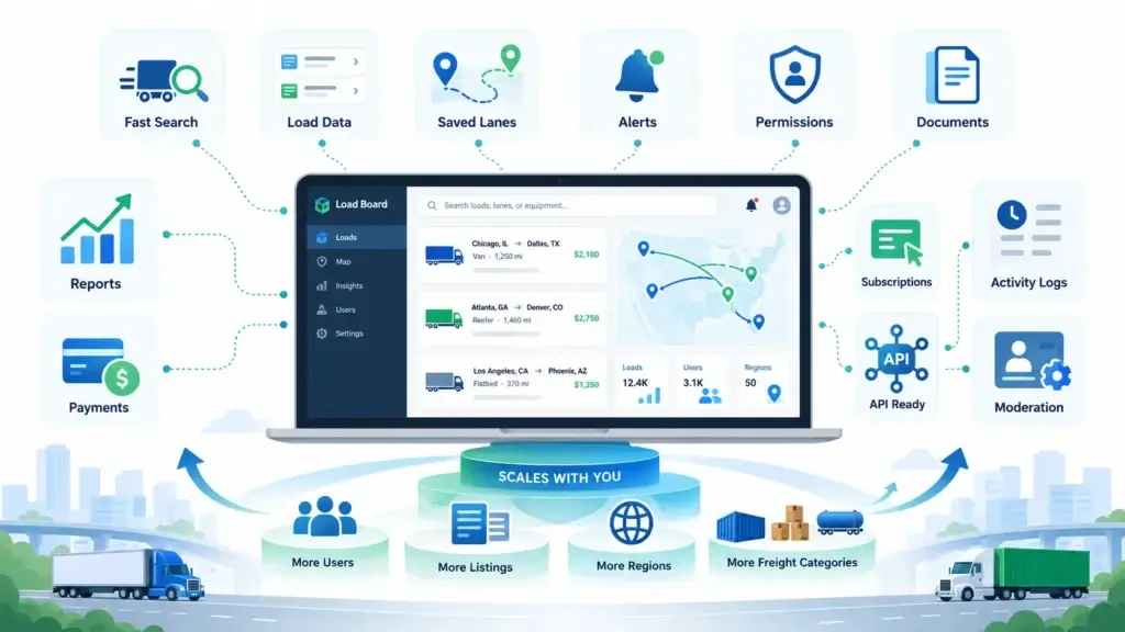 How Does an Online Load Board Connect Shippers, Brokers, and Carriers? 2 Scalable load board platform features including fast search, load data, saved lanes, alerts, permissions, payments, reports, subscriptions, APIs, and moderation