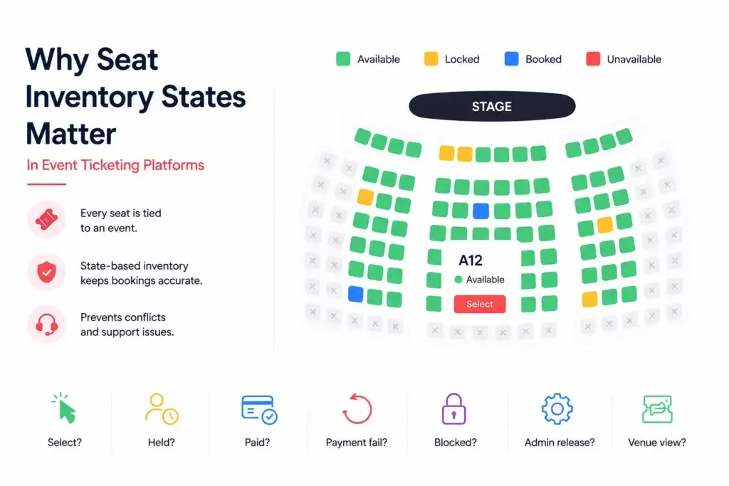 How Seat Inventory States Work in Event Ticketing Platforms: Available, Locked, Booked, and Unavailable 1 Seat inventory management in event ticketing platforms showing available, locked, booked, and unavailable seat states.