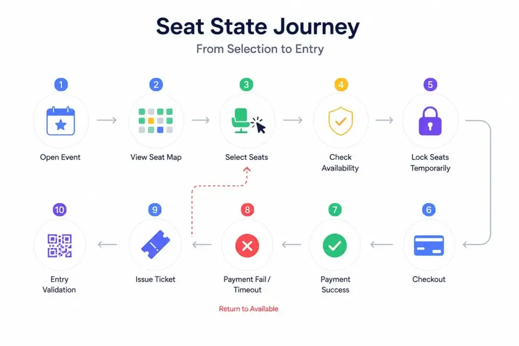 How Seat Inventory States Work in Event Ticketing Platforms: Available, Locked, Booked, and Unavailable 2 Seat inventory management journey from event selection and seat locking to payment, ticket issuance, and entry validation.