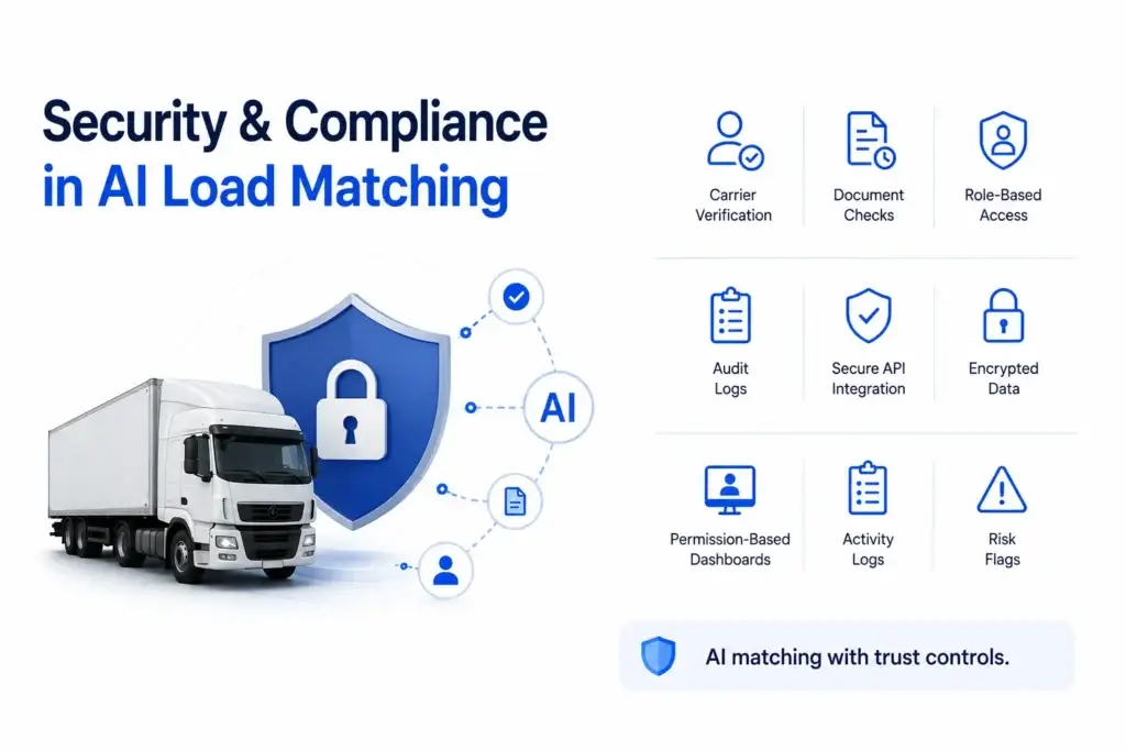 AI Load Matching in a Digital Freight Marketplace: Improving Carrier Fit, Route Efficiency, and Rate Decisions 2 Security and compliance in AI load matching showing carrier verification, document checks, audit logs, secure APIs, encrypted data, and risk controls.