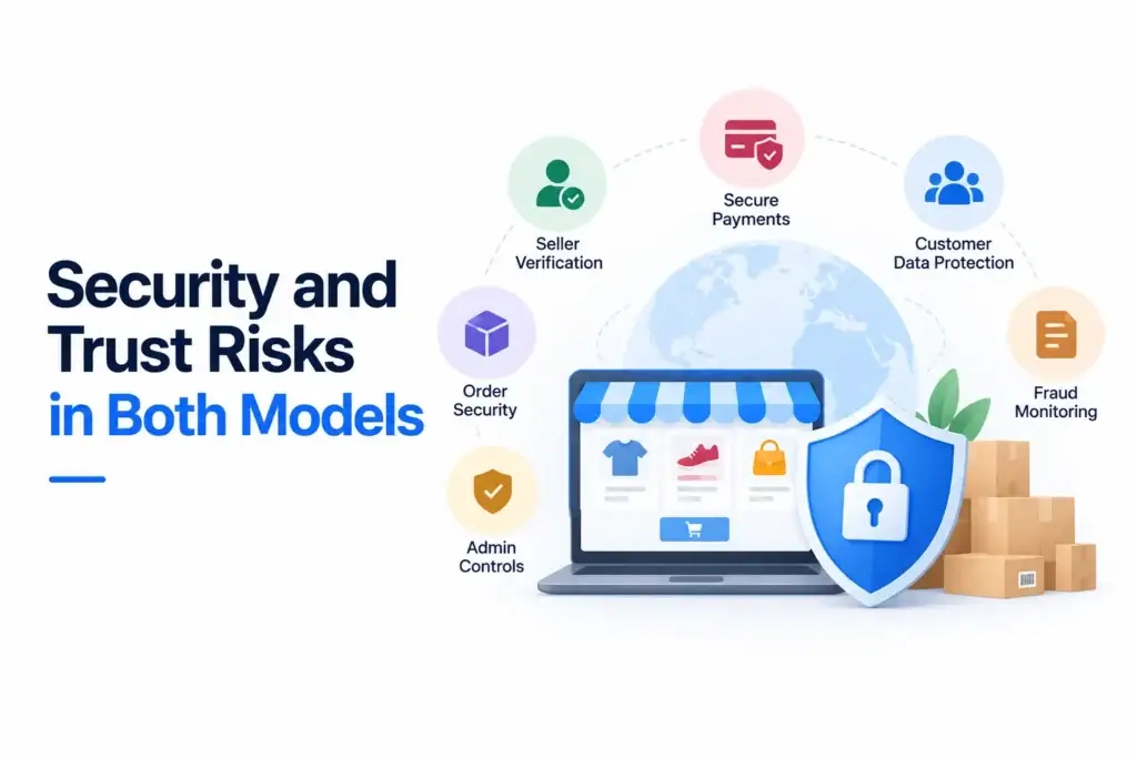 Regional Ecommerce Marketplace vs Global Marketplace: Which Business Model Fits Startups Better? 2 Security and trust risks in regional and global marketplace models including seller verification, secure payments, customer data protection, fraud monitoring, order security, and admin controls