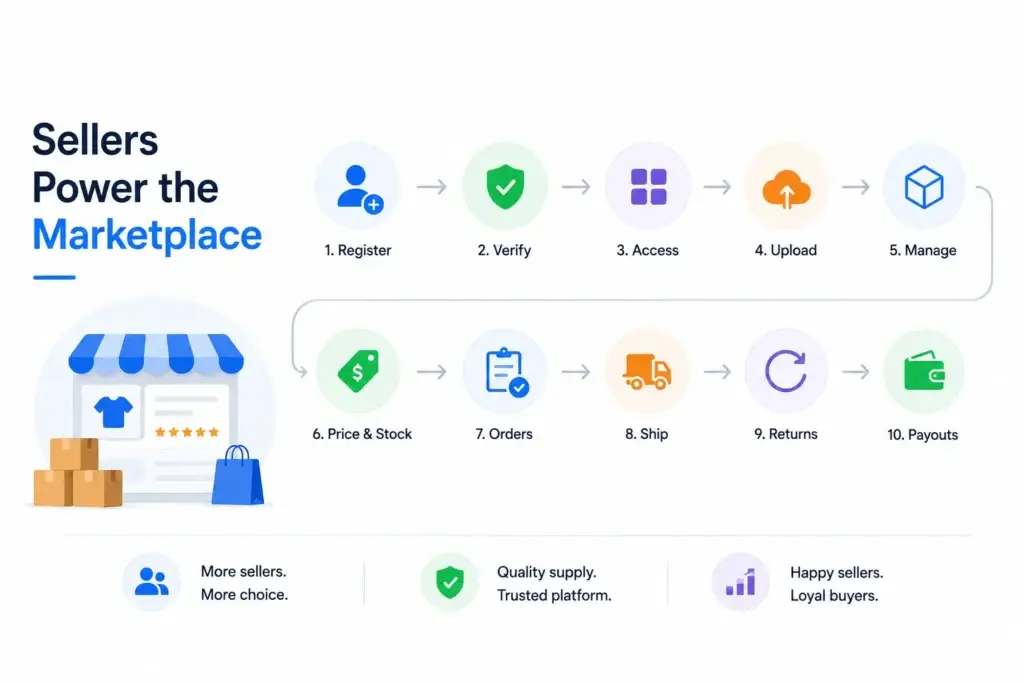 Multi-Vendor Ecommerce Marketplace Business Model: How Sellers, Buyers, Commissions, and Operations Connect 1 Seller workflow in a multi-vendor ecommerce marketplace showing registration, verification, product upload, pricing, orders, shipping, returns, and payouts.