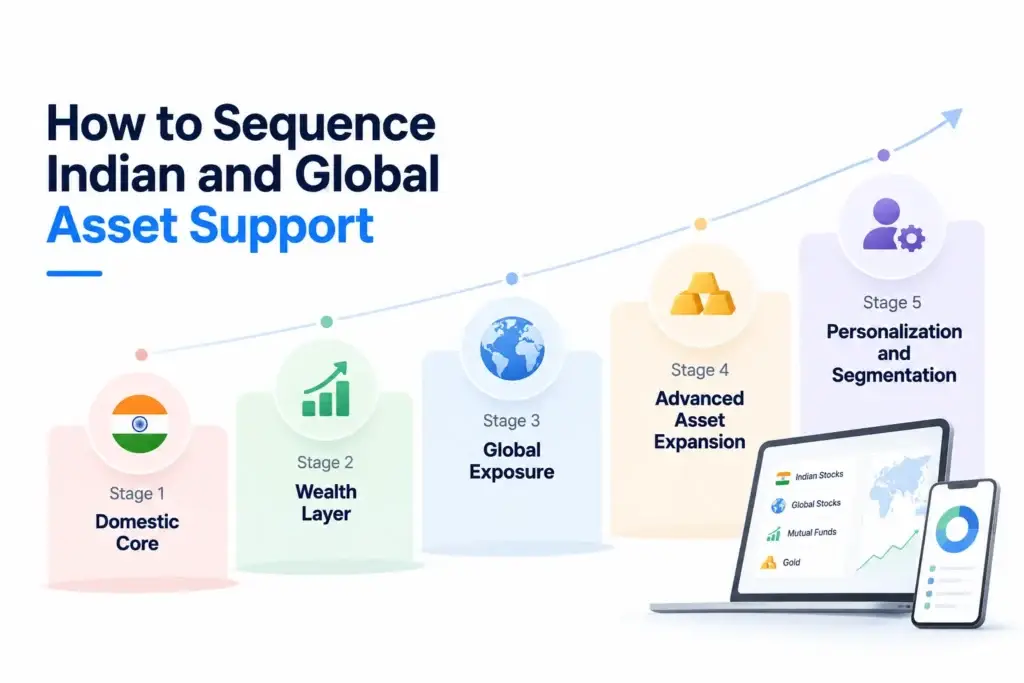 How Should a Multi-Asset Investment Platform Support Indian and Global Assets in One Portfolio? 2 Indian and Global Investment Platform asset support roadmap showing domestic core, wealth layer, global exposure, advanced asset expansion, and personalization stages