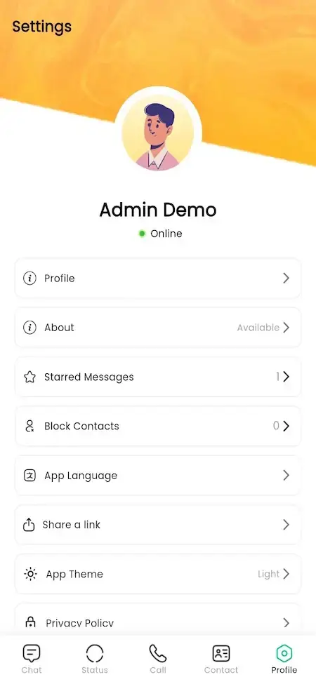 WhatsApp Clone 16 WhatsApp Clone mobile profile settings showing the user profile, About status, starred messages, privacy, language, theme and policy options.