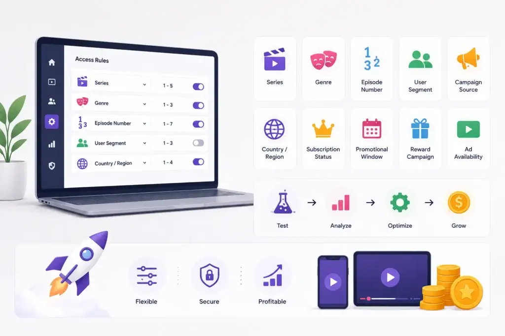 How Should Short-Drama Platforms Structure Free Episodes Before Introducing Paid Access? 2 Short-drama admin dashboard for configuring episode access by series, genre, user segment, region, subscription status, campaigns, and ads.