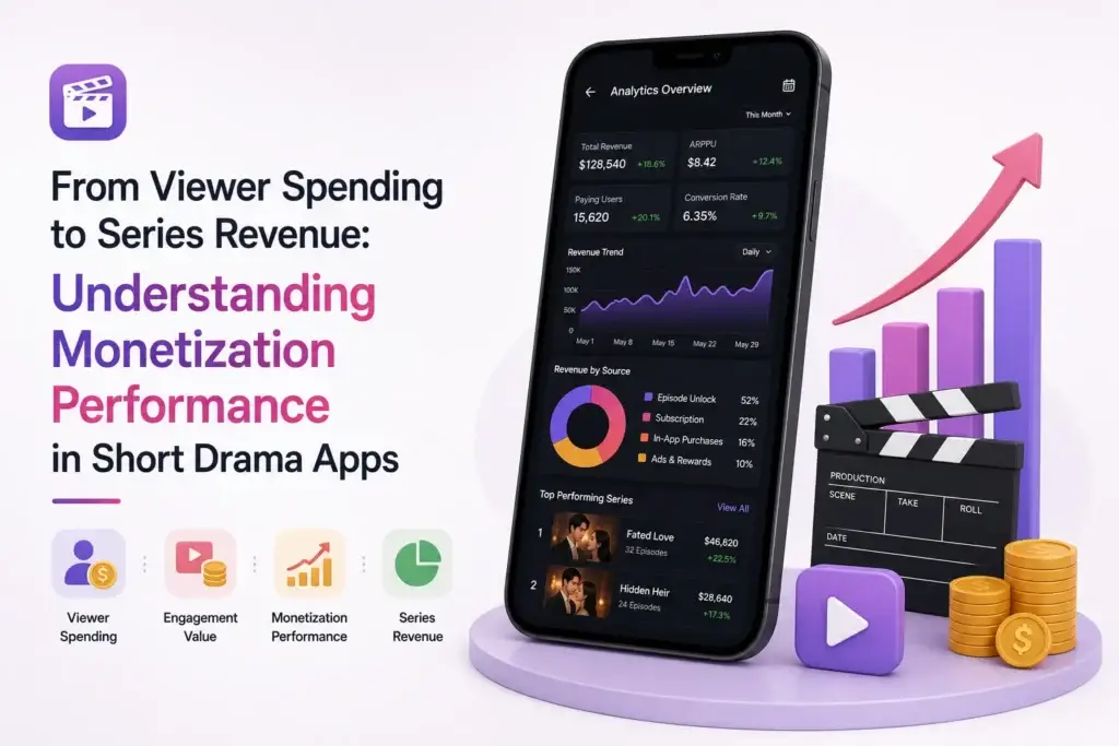 ShortMax Clone 84 Short drama monetization performance dashboard showing viewer spending, engagement value, revenue trends, and top-performing series.