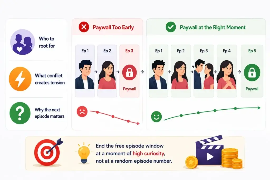 How Should Short-Drama Platforms Structure Free Episodes Before Introducing Paid Access? 1 Short-drama paywall timing comparison showing why paid access should begin after the story establishes characters, conflict, and curiosity.