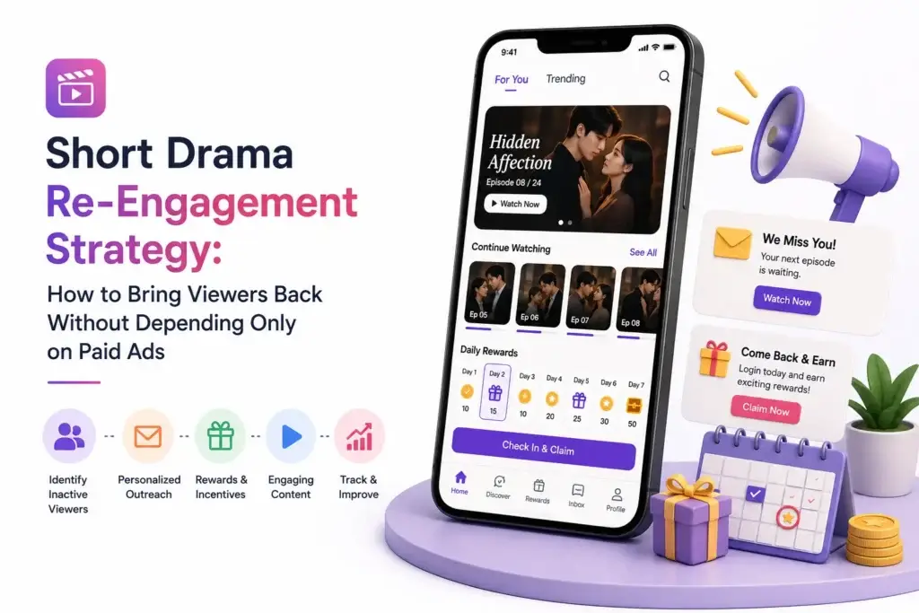 Short drama re-engagement strategy showing personalized outreach, daily rewards, engaging content, and retention tactics to bring inactive viewers back.