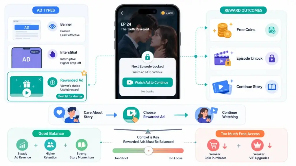 How Can a Short Drama Engagement Platform Use Rewarded Ads Without Hurting Paid Conversion? 1 Short drama engagement platform comparing banner, interstitial, and rewarded ads with episode unlock and coin reward outcomes.