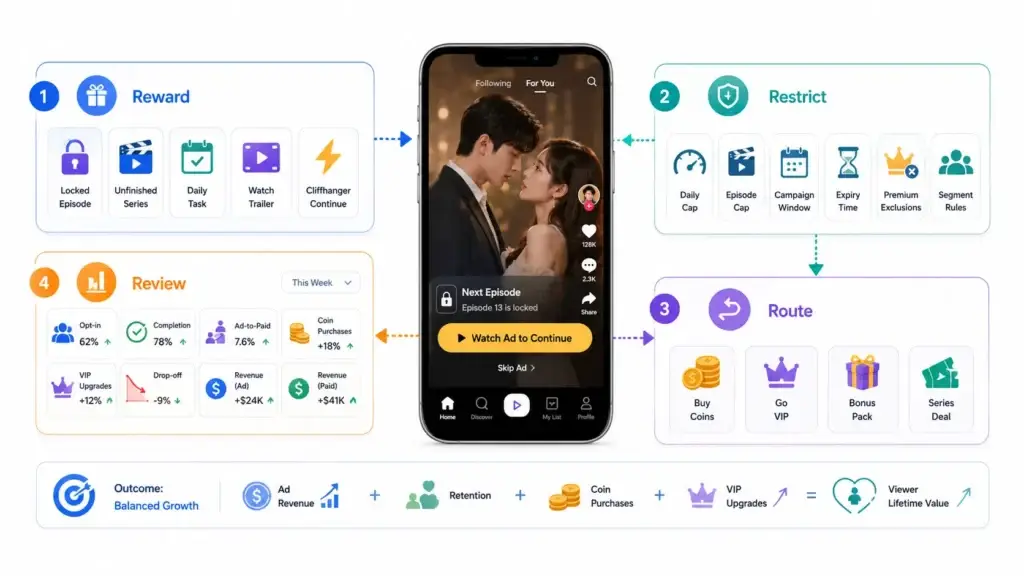 How Can a Short Drama Engagement Platform Use Rewarded Ads Without Hurting Paid Conversion? 2 Short drama engagement platform rewarded ad strategy showing reward rules, restrictions, monetization routes, and performance review.