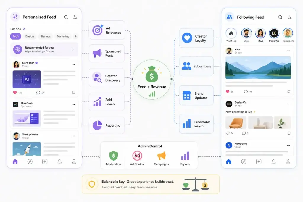 How Personalized and Following Feeds Shape User Discovery in a Microblogging Platform 2 Personalized and following feed monetization through relevant ads, sponsored posts, creator discovery, subscriptions, brand updates, and paid reach.