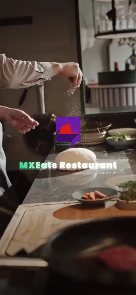 ChowNow Clone 25 UberEats Clone Restaurant App Splash Screen showing MXEats Restaurant branding over a commercial kitchen scene