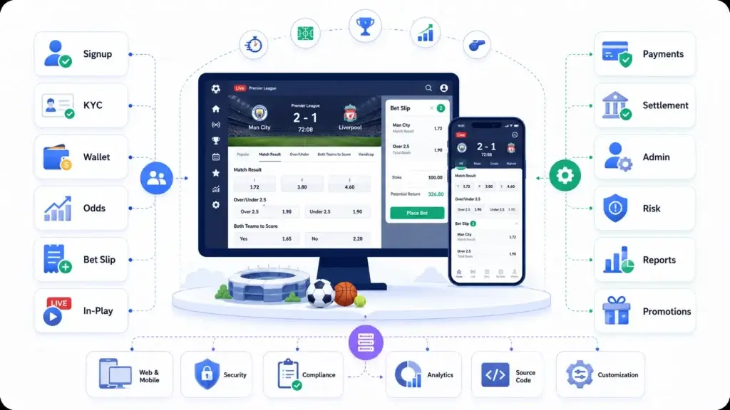 Sports Betting Platform vs Traditional Sportsbook Software: Comparing In-Play Betting, Bet Builders, Cash Out, and Operator Control 1 Sports betting platform architecture showing signup, KYC, wallet, odds, bet slip, in-play betting, payments, settlement, admin, risk, reports, and promotions.