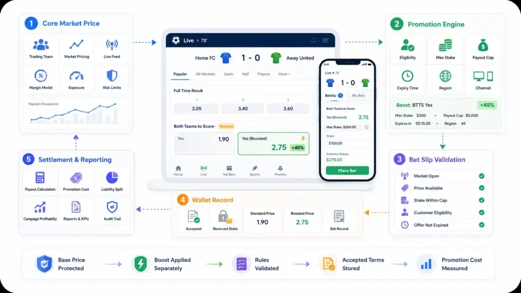 How Should a Sports Betting Platform Handle Odds Boosts Without Distorting Core Market Pricing? 1 Sports betting platform odds boost workflow showing core market pricing, promotion engine, bet slip validation, wallet records, settlement, and reporting.