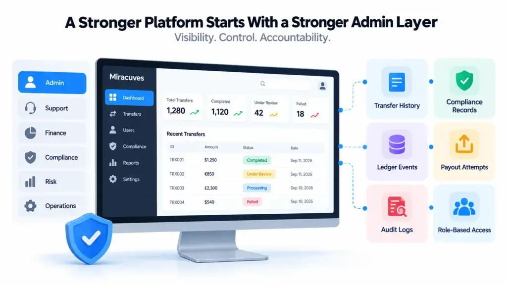 Cross-Border Payment Platform Architecture: Multi-Currency Accounts, Transfers, FX, Compliance, and Payouts 2 Cross-border payment platform admin layer showing transfer history, compliance records, ledger events, payout attempts, audit logs, and role-based access