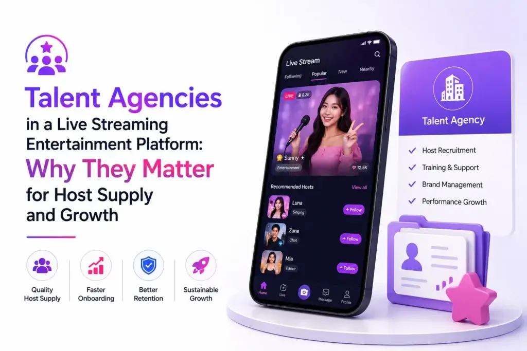 Talent agencies in a live streaming entertainment platform supporting host recruitment, onboarding, training, retention, and sustainable creator growth.