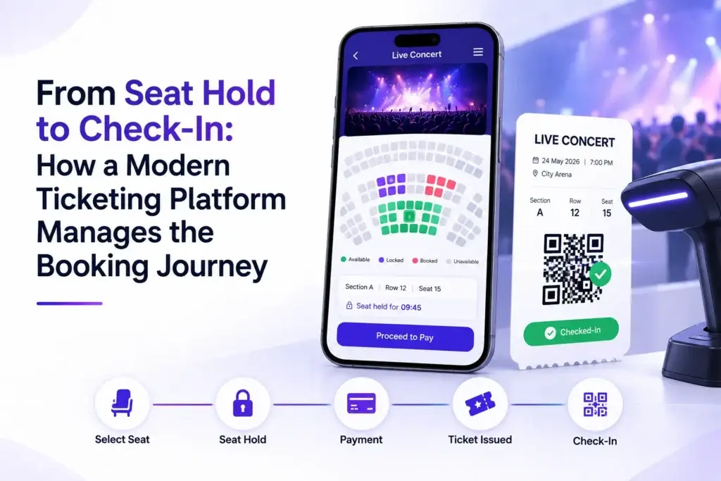 Ticket booking journey from seat hold and payment to ticket issuance, QR validation, and venue check-in.