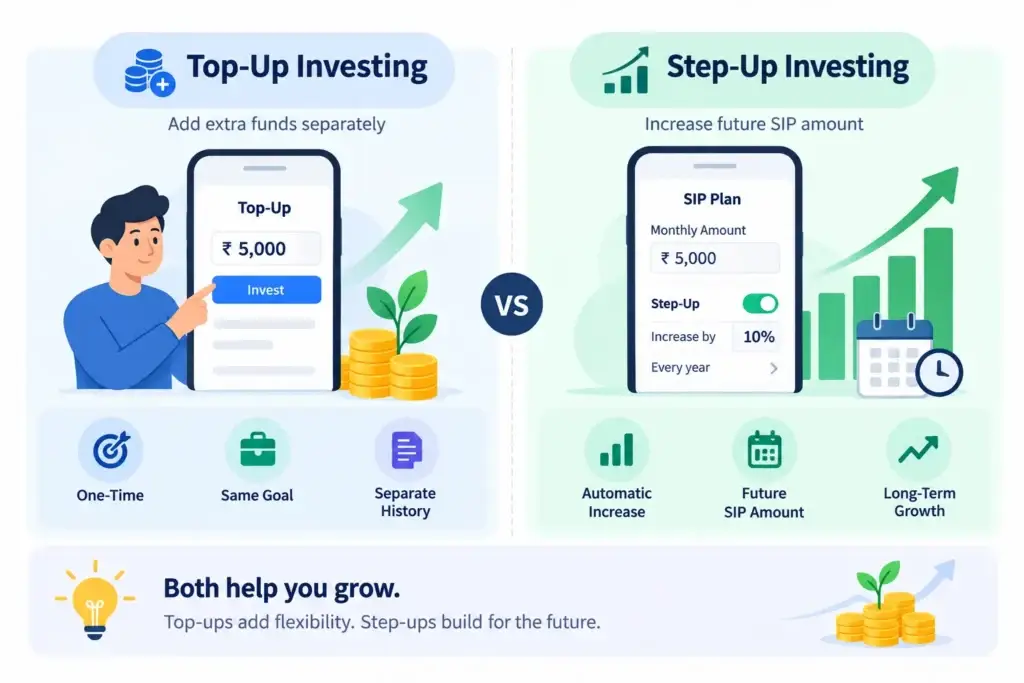 SIP Automation in a Multi-Asset Investment Platform: Step-Up, Top-Up, Goals, and Scheduled Investing 1 Top-up vs step-up SIP investing comparison showing one-time extra contributions, automatic SIP increases, goal linking, future investment amounts, and long-term growth