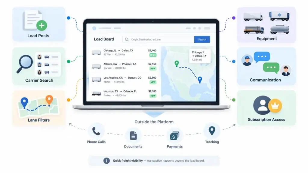 Freight Marketplace vs Traditional Load Board: Which Model Gives Founders More Growth Options? 1 Traditional load board workflow with load posts, carrier search, lane filters, equipment selection, communication, and subscription access