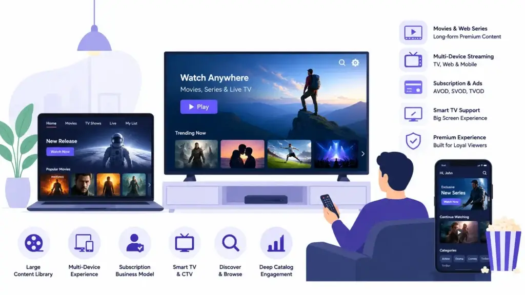 Microdrama Streaming Platform vs Traditional OTT Platform: Which Model Fits Mobile-First Episodic Viewing Better? 2 Traditional OTT platform showing long-form movies, web series, multi-device streaming, subscriptions, ads, smart TV support, and content discovery.