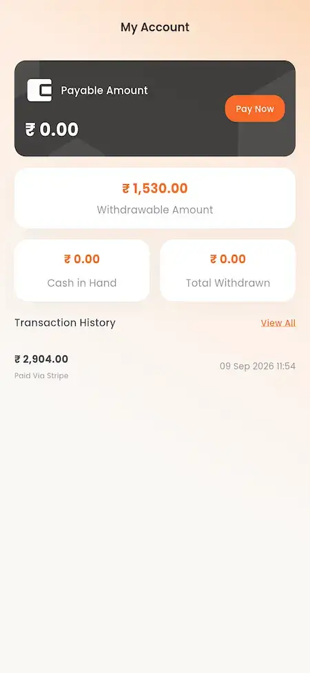 ChowNow Clone 34 UberEats Clone Delivery Partner Wallet showing payable amount, withdrawals, cash in hand and transaction history