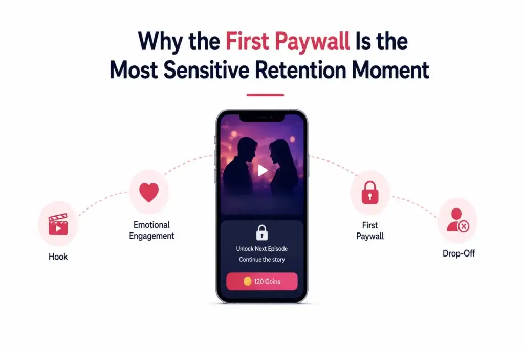 Vertical Drama Streaming App Retention: Reducing Drop-Off After the First Paywall 1 Vertical drama first paywall showing the viewer journey from story hook and emotional engagement to episode unlock and potential drop-off