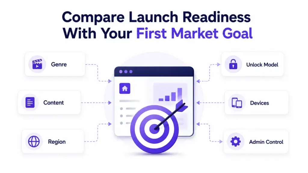 What Should Founders Compare Before Choosing a Vertical Drama Streaming App Platform? 2 Vertical drama platform launch readiness showing genre, content, region, unlock model, device support, and admin control aligned with the first market goal