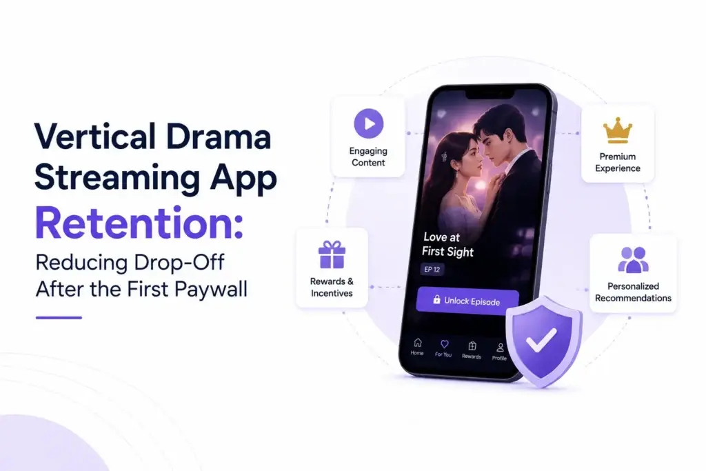 Vertical drama streaming app retention showing episode unlocks, engaging content, rewards, premium experience, personalized recommendations, and reduced paywall drop-off