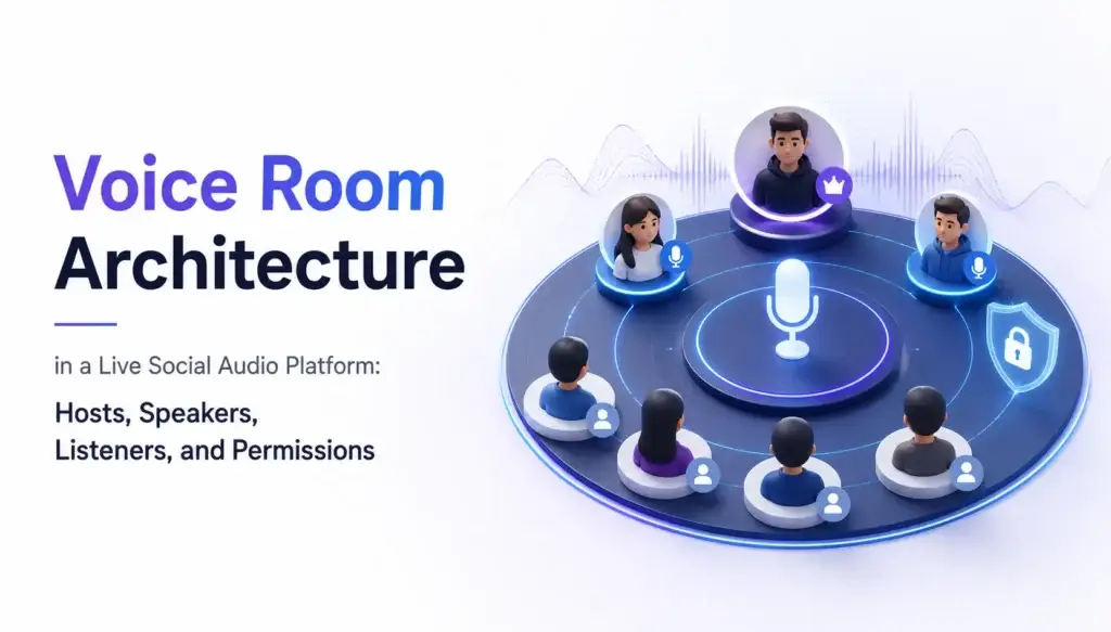 Voice room architecture in a live social audio platform showing hosts, speakers, listeners, microphone controls, and user permissions.