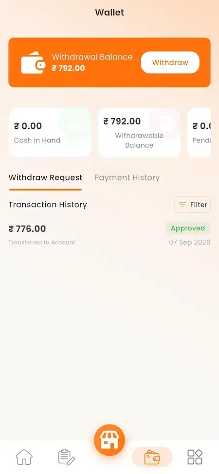 ChowNow Clone 24 UberEats Clone Restaurant Wallet showing withdrawable balance, cash in hand, pending amount and transaction history