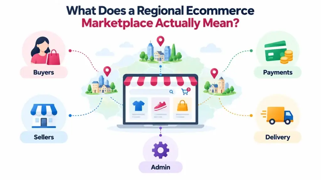 Regional ecommerce marketplace showing buyers, sellers, payments, delivery, and admin operations connected through one local commerce platform