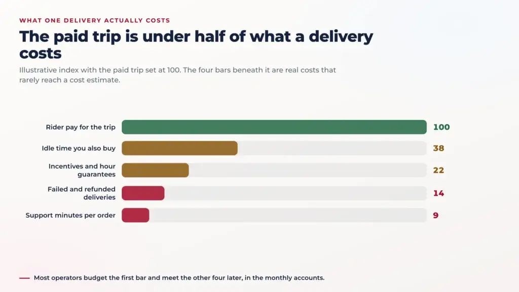 Grubhub Revenue Model: Dispatch Cost Per Delivery Beats a Higher Fee 1 Horizontal bar chart decomposing cost per delivery on an illustrative index where the paid trip is set at 100, with smaller bars for paid idle time between trips, rider incentives and guarantees, failed or refunded deliveries, and support minutes attached to the order