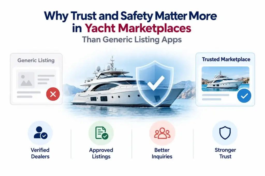 Yacht Marketplace Trust and Safety: Dealer Verification, Listing Moderation, and Dispute Handling 1 Yacht marketplace trust and safety showing verified dealers, approved listings, better buyer inquiries, and stronger marketplace trust