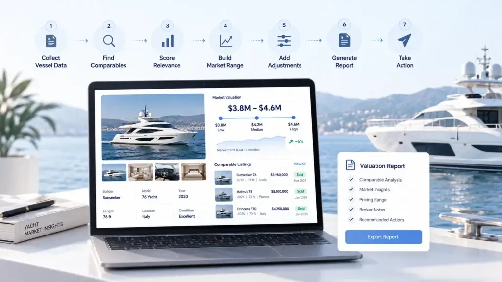Yacht Marketplace Pricing Intelligence: Using Sold Comparables and Market Data for Valuation 2 Yacht marketplace valuation workflow covering vessel data, comparable sales, relevance scoring, market ranges, adjustments, and reporting.