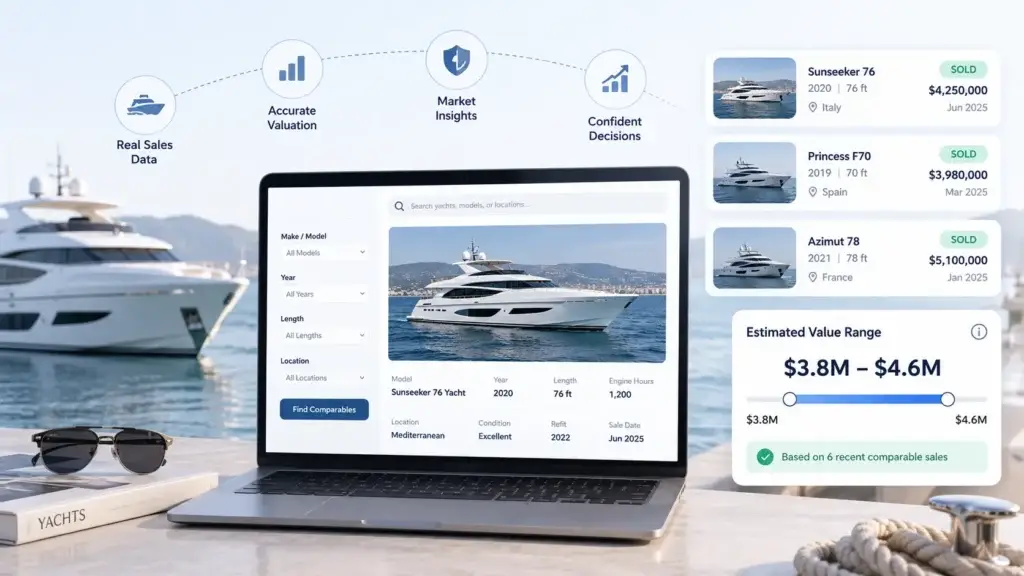 Yacht Marketplace Pricing Intelligence: Using Sold Comparables and Market Data for Valuation 1 Yacht marketplace pricing intelligence comparing recent vessel sales to calculate an accurate estimated yacht value range.