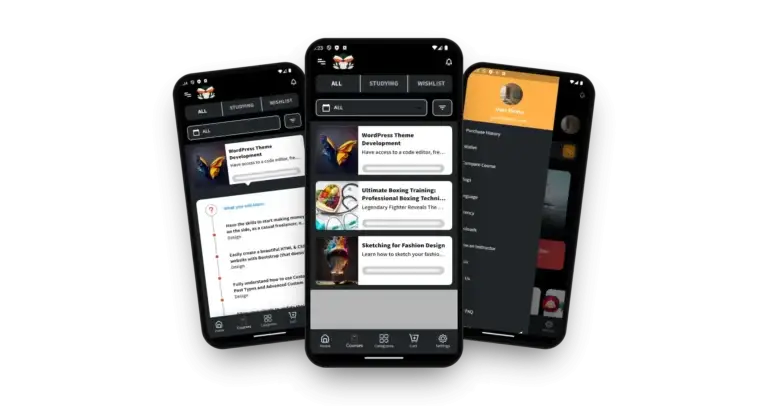 Byju's Clone 26 Byju’s Clone on three phones: the course list with tabs, the course detail with learning outcomes and the account menu drawer