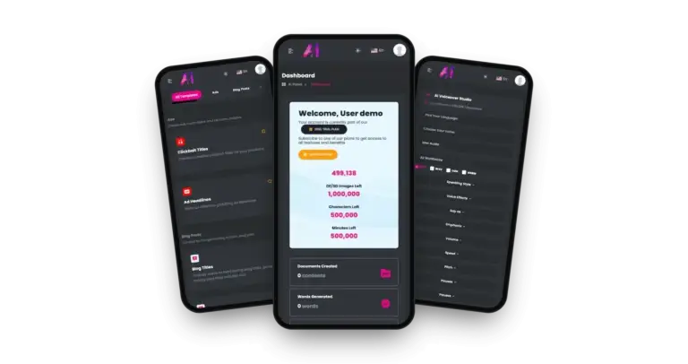 DeepSeek Clone 37 DeepSeek Clone on three phones: the member dashboard with word, image and minute balances, the template library for ads and blog posts and the voiceover studio with voice and speed controls