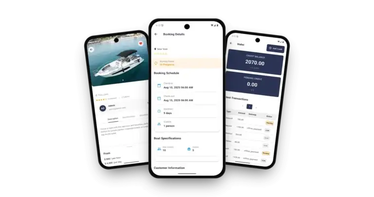 Dream Yacht Charter Clone on three phones: the booking details with schedule, the yacht detail with host and rates and the credit wallet with transactions