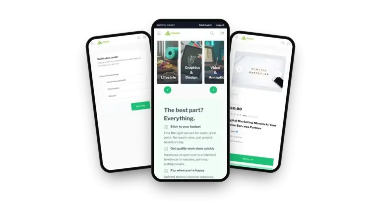 Fiverr Clone on three phones: the marketplace home with service categories and benefits, the account verification center and the service listing detail screen
